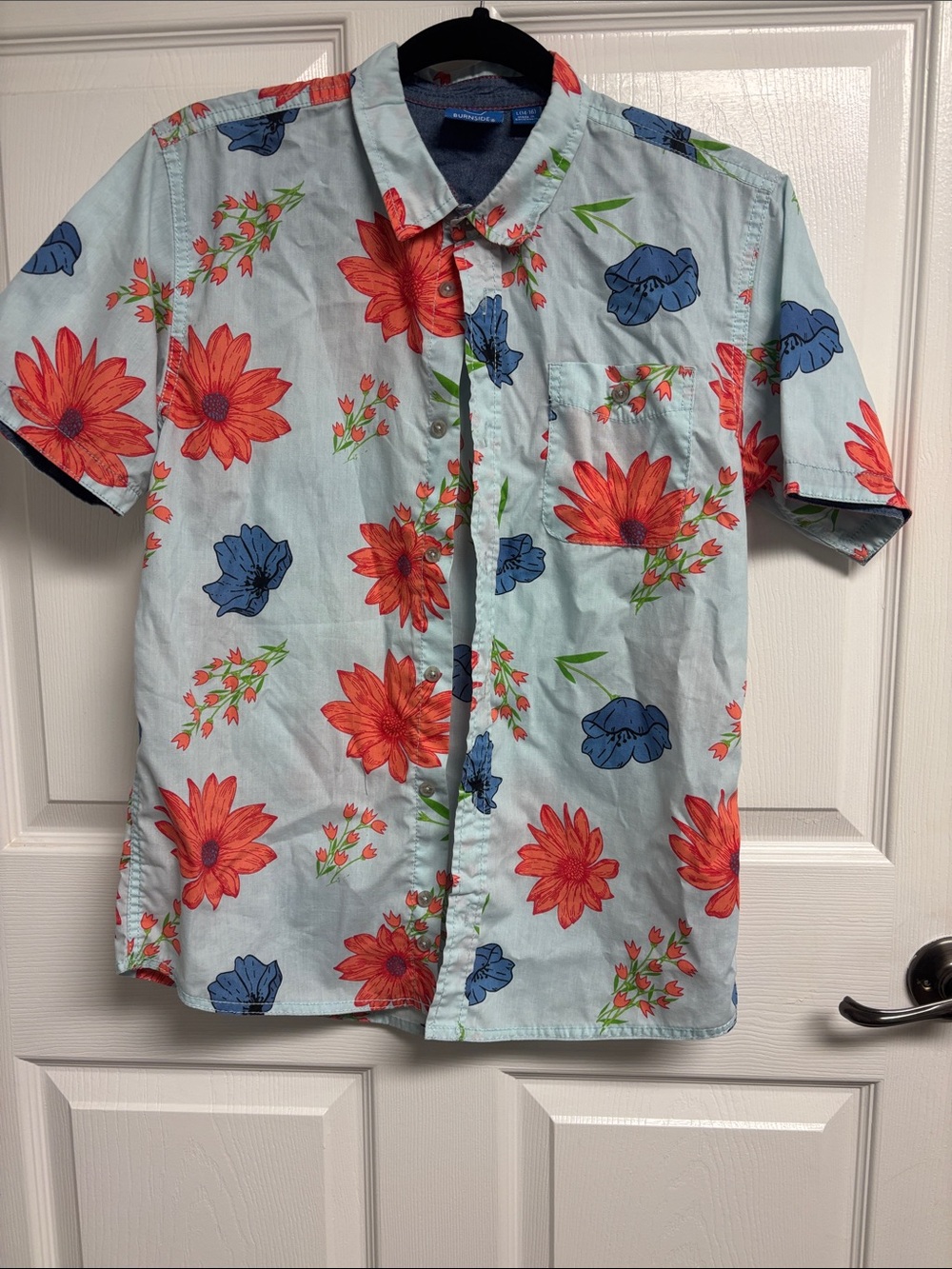 burnside Light Blue Short-Sleeve Button-Up with Red & Blue Floral Print